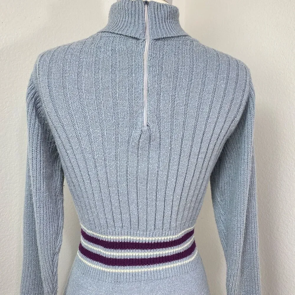 Vintage Gray Knit A-Line Knee Length Dress Med Turtleneck Long Sleeves Academia